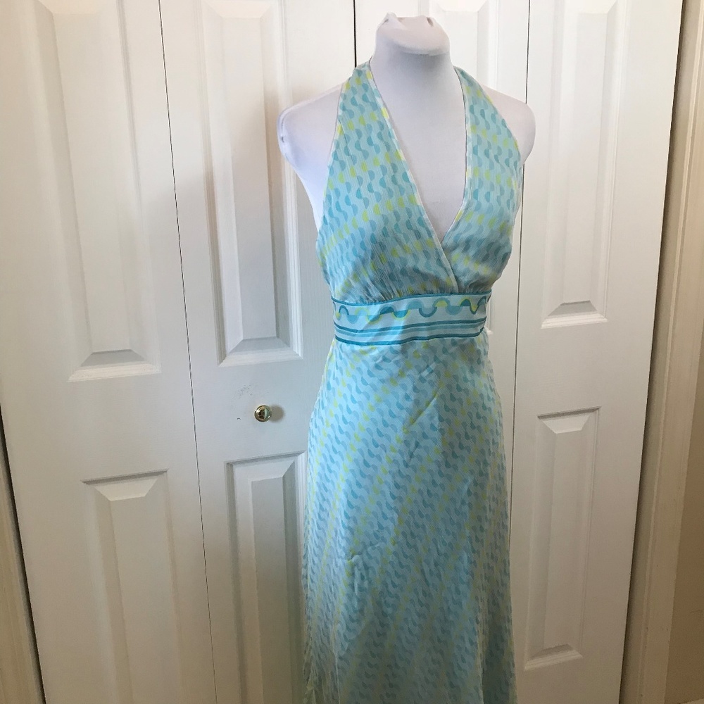 Laundry Shelli Segal Bias Halter Dress Teal Yellow - Picture 3 of 7
